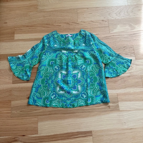 Calypso Christiane Celle XS Green Blue Paisley 100% Silk Blouse Bell Sleeve - Picture 5 of 8